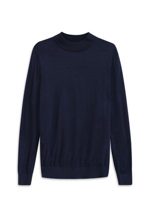 Navy blue knit sweater with a high neckline, long sleeves, and ribbed cuffs. Smooth texture and fitted shape. No visible patterns or hardware.