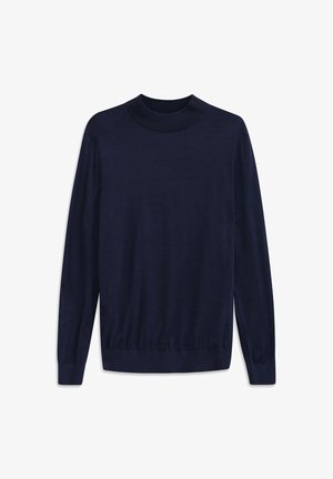 Navy blue knit sweater with a high neckline, long sleeves, and ribbed cuffs. Smooth texture and fitted shape. No visible patterns or hardware.