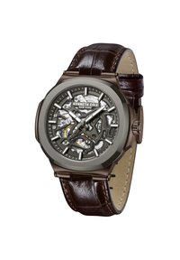 Automātiskās vīriešu pulkstenis ar brūnu ādas siksniņu un sudrabotā tonī skeleta ciparnīcu, kurā ir izteiksmīgi stundu marķējumi un Kenneth Cole zīmols.