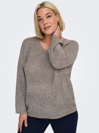 Light brown knit sweater with a V-neck, long sleeves, and a relaxed fit. Features a textured, slightly loose weave and ribbed cuffs.