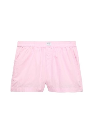 Shorts de bain pour hommes de couleur rose clair avec taille élastique et poches latérales, présentés sur un fond blanc.