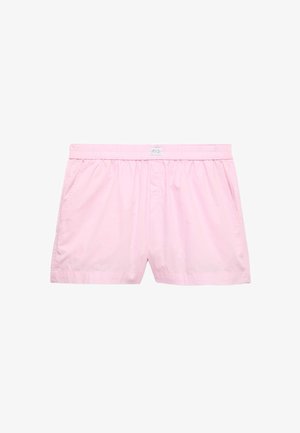 Costume da bagno da uomo color rosa chiaro con vita elastica e tasche laterali, esposto su sfondo bianco.