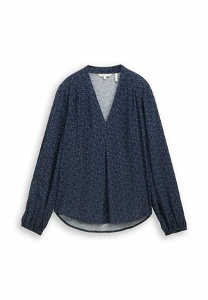 Marineblauw blouse van lichtgewicht stof met een V-hals, lange pofmouwen en een subtiel wit abstract patroon overal.