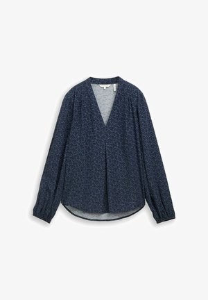 Marinebluse aus leichtem Material mit V-Ausschnitt, langen Puffärmeln und einem dezenten weißen abstrakten Muster.