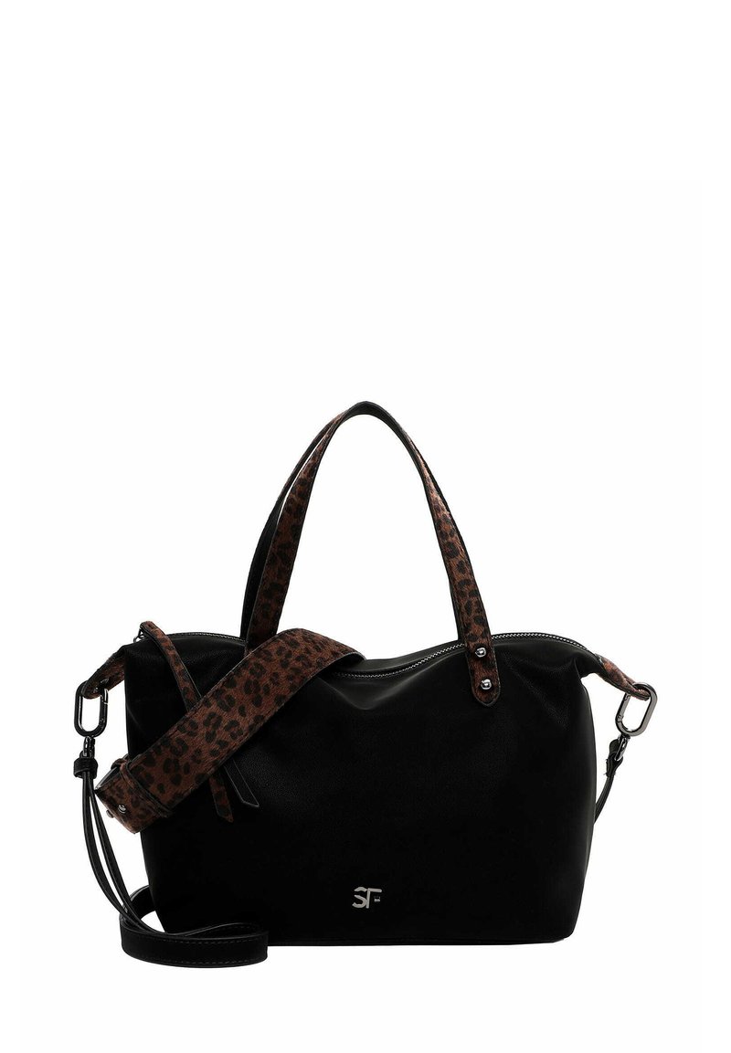 Juodas odinis rankinukas su leopardų rašto rankenomis ir nuimamu petiniu diržu, sidabrinis SF logotipas priekyje ir užtrauktukas viršuje.
