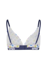 Soutien-gorge en mesh blanc avec imprimé floral bleu, jaune et rose, bretelles réglables bleu marine et bande bleu marine avec logo PSD et fermeture à crochet à l'arrière.