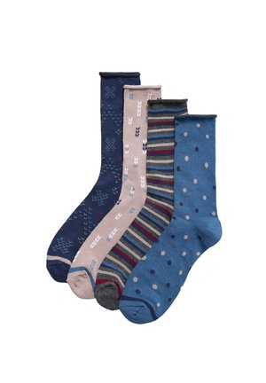 Cuatro pares de calcetines de algodón: navy con patrones, rosa claro con motivos blancos, multirayas y azules con lunares.