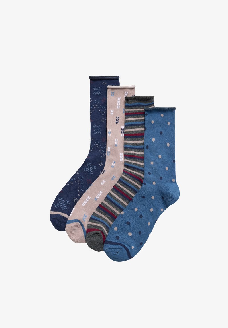 Cuatro pares de calcetines de algodón: navy con patrones, rosa claro con motivos blancos, multirayas y azules con lunares.