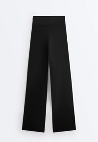 Black wide-leg pants with high waistband, smooth fabric, and no visible pockets or embellishments.