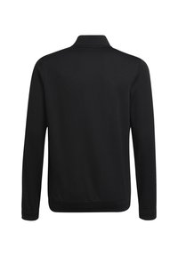 Schwarz zip-up Jacke mit Kragen, langen Ärmeln und einer glatten, matten Textur. Verfügt über ein schlichtes Design ohne sichtbare Logos oder Muster.