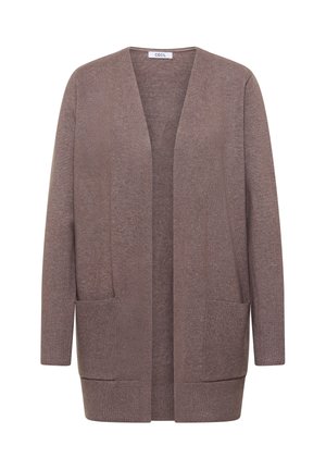 Bruine cardigan van gebreide stof, met een ontspannen pasvorm, open voorkant, lange mouwen en twee voorzakken. Textuur ribbels bij de manchetten en de zoom.