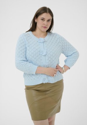 Donna che indossa un cardigan azzurro chiaro con bottoni floreali e una gonna in pelle marrone chiaro, in piedi con una mano sul fianco.