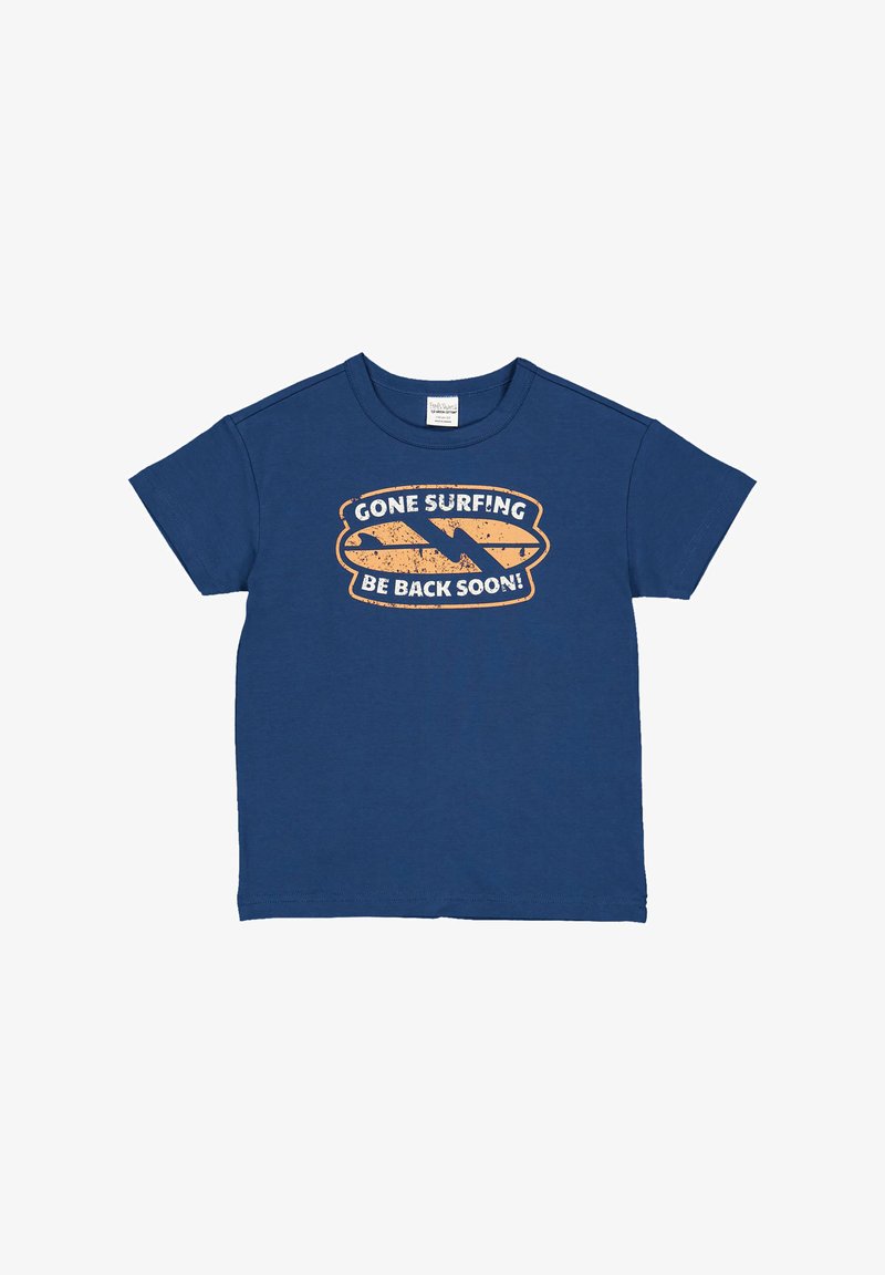 Námořnická modrá bavlněná tričko s opotřebovanou oranžovou grafikou, na které je napsáno "JSEM NA SURFINGU, BRZY SE VRÁTÍM!" na přední straně. Krátké rukávy, kulatý výstřih.