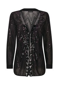 Schwarze transparente Strickjacke mit aufwendigen Perlenstickereien in lila und silbernen geometrischen Mustern, langen Ärmeln und lässiger Passform.