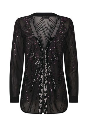 Schwarze transparente Strickjacke mit aufwendigen Perlenstickereien in lila und silbernen geometrischen Mustern, langen Ärmeln und lässiger Passform.