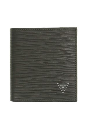 Dark green textured bifold wallet with visible stitching and a small metal triangular Guess logo on the lower right corner.