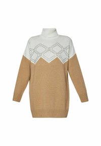 Maglione a collo alto in maglia con una parte superiore bianca caratterizzata da un design geometrico e una parte inferiore color cammello. Maniche e orlo a coste. Morbido al tatto.