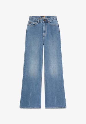 Helles blauweite Jeans aus Denim. Verfügt über einen Knopfverschluss, Gürtelschlaufen und fünf Taschen mit verblassten Bereichen für einen abgetragenen Look.
