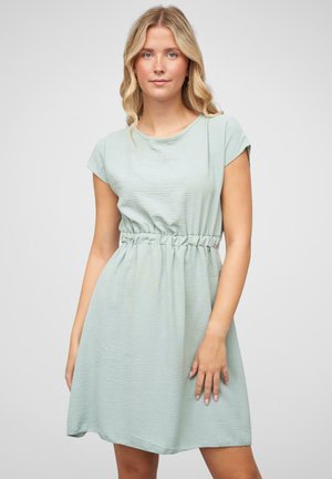 Light green short-sleeve dress, cinched at the waist, features a soft texture and a relaxed fit, with a round neckline and flowing skirt.