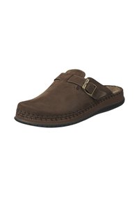 Bruine leren instapschoen met een ronde neus, decoratieve stiksels en een gesp aan de zijkant. Zacht interieur en zwarte zool.