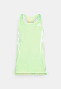 Lichtgroene sportieve tanktop met meshstructuur, met een wit merklogo en strepen aan de zijkanten. Racerback ontwerp.