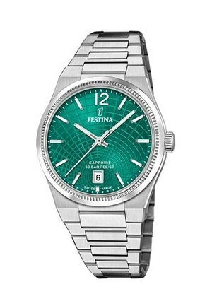 Orologio in acciaio inossidabile con quadrante verde a motivo, indici delle ore argentati e finestra della data alle 6. Vetro zaffiro e design resistente all'acqua.