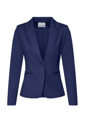 Tengerészkék, egysoros női blézer bevágott hajtókákkal és két elülső beszegelt zsebbel.