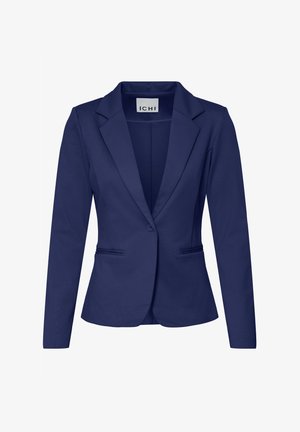 Tengerészkék, egysoros női blézer bevágott hajtókákkal és két elülső beszegelt zsebbel.