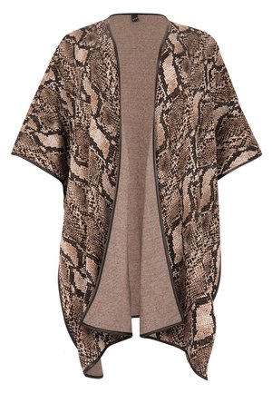 Patterned poncho featuring a snake print in browns and beiges, with a soft, textured fabric and an open front design. Edged in a dark trim.