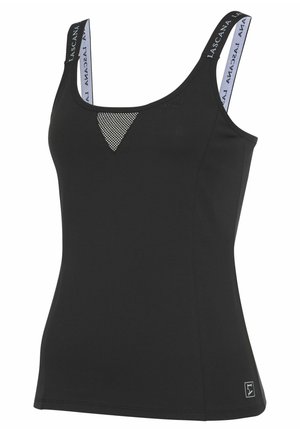 Black sleeveless tank top featuring a mesh inset in a triangular shape, branded straps, and a fitted design with flat seams.