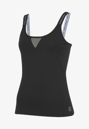 Black sleeveless tank top featuring a mesh inset in a triangular shape, branded straps, and a fitted design with flat seams.