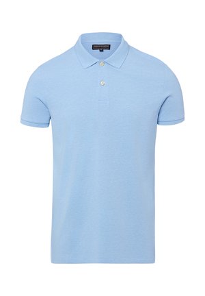 Jasnoniebieska koszulka polo z krótkim rękawem, z dwoma kremowymi guzikami i klasycznym kołnierzykiem, oznaczona jako Finshley & Harding, rozmiar średni.