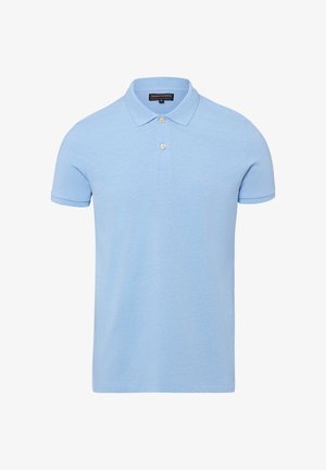 Polo bleu clair à manches courtes avec deux boutons crème et un col classique, étiqueté Finshley & Harding taille moyenne.