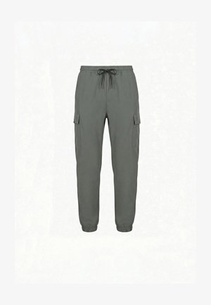 Grey cargo jogger pants with elastic cuffs, drawstring waist, and flap pockets on both thighs, shown on a white background.