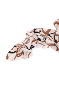 Sciarpa beige con motivi circolari astratti marroni, neri e grigi, piegata in modo sciolto su uno sfondo bianco.