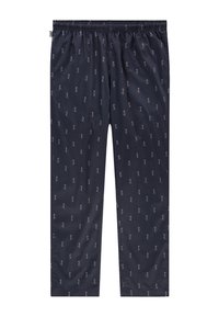 Marineblå bukser med en lett, glatt tekstur, med et gjentakende skiprint i rødt og hvitt. Elastisk midjebånd for komfort.