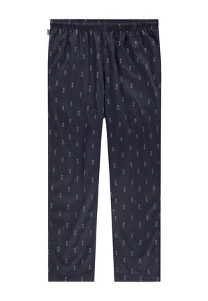 Laivastonsiniset housut, joissa kevyt ja sileä kangas ja toistuva hiihtokuvio punaisena ja valkoisena. Mukavan käyttömukavuuden takaava joustava vyötärö.