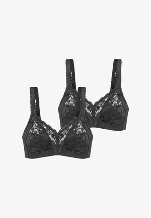 Black lace bralette with wide straps, floral lace overlay, and solid fabric base. Two-pack featuring a smooth finish and no underwire.