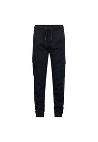 Zwarte cargojoggers met elastische tailleband en trekkoord, voorzien van twee zijzakken en een taps toelopend ontwerp bij de enkels.