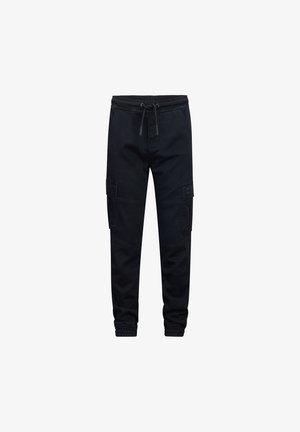 Schwarze Cargo-Jogginghosen mit elastischem Bund und Kordelzug, zwei Seitentaschen und einem schmal zulaufenden Design an den Knöcheln.