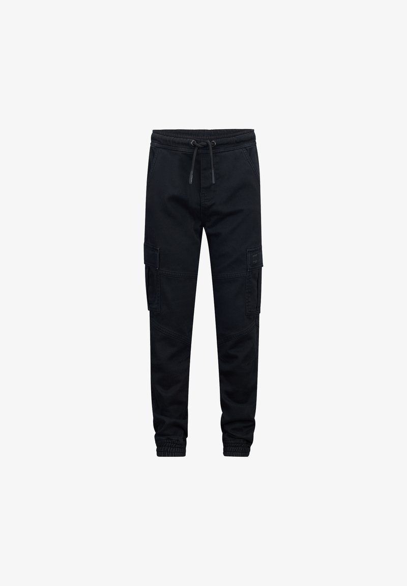 Zwarte cargojoggers met elastische tailleband en trekkoord, voorzien van twee zijzakken en een taps toelopend ontwerp bij de enkels.