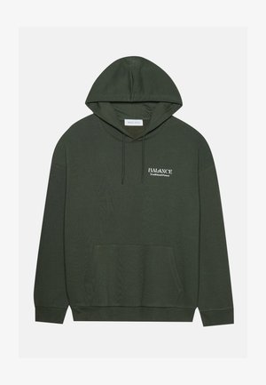 Tamnozeleni dukserica od pamuka, s kenguruh džepom, rebrastim manžetama i donjim rubom, s bijelim "BALANCE" logom na prsima.