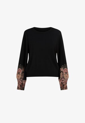 Maglione nero con maniche lunghe caratterizzato da un intricato ricamo floreale in tonalità di rosa e crema sui polsini. Tessuto morbido e testurizzato.