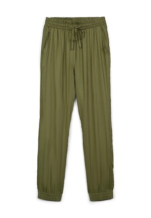 Pantaloni jogger leggeri di colore verde oliva, con vita elastica, cordoncino regolabile e tasche laterali. Gambe affusolate con polsini arricciati.