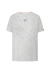 Lichtgrijs T-shirt met korte mouwen, met een kleine hartgrafiek en de tekst "FRIEDA" gecentreerd onder de halslijn.