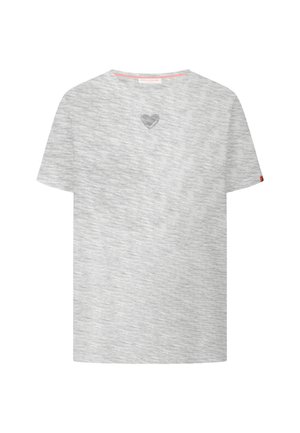Lichtgrijs T-shirt met korte mouwen, met een kleine hartgrafiek en de tekst "FRIEDA" gecentreerd onder de halslijn.