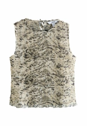 Sleeveless top in light beige with a floral print in brown and gray. Features a relaxed fit, stitched detailing, and a back tie closure.