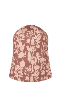 Brown bucket hat with light pink floral and bird patterns covering the fabric, displayed against a white background.