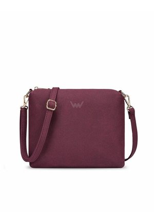 Small rectangular plum-colored crossbody bag with adjustable strap and gold metal clasps on a white background.
