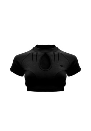 Top sportivo nero a maniche corte con taglio corto, scollo alto, apertura a goccia sul davanti, linee verticali testurizzate e piccolo logo sul petto.